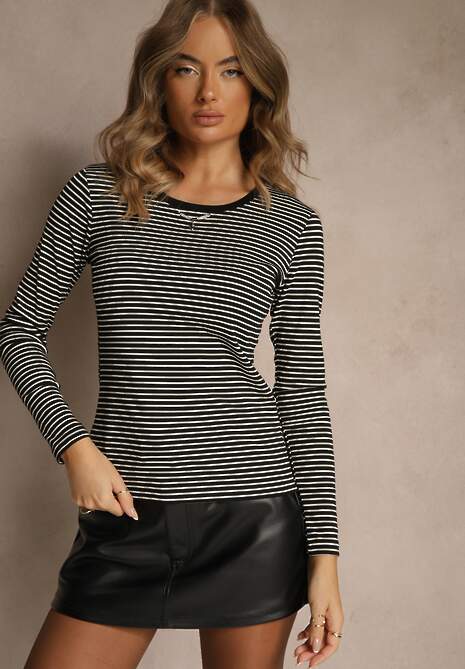 Czarna Bluzka Longsleeve Ozdobiona Paskami i Cyrkoniami Ralenea 4