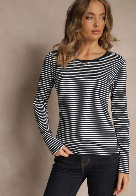 Granatowa Bluzka Longsleeve Ozdobiona Paskami i Cyrkoniami Ralenea 4