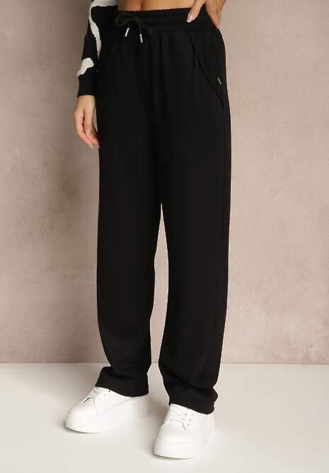 Czarne Spodnie High Waist z Gumką i Troczkami w Pasie Rallena 4