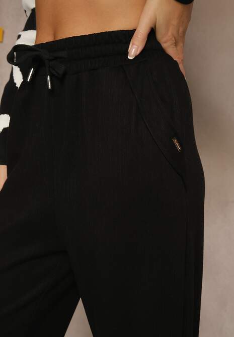 Czarne Spodnie High Waist z Gumką i Troczkami w Pasie Rallena 5