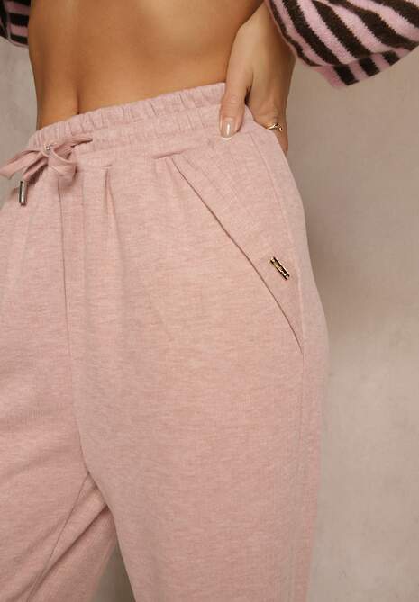 Różowe Spodnie High Waist z Gumką i Troczkami w Pasie Rallena 5