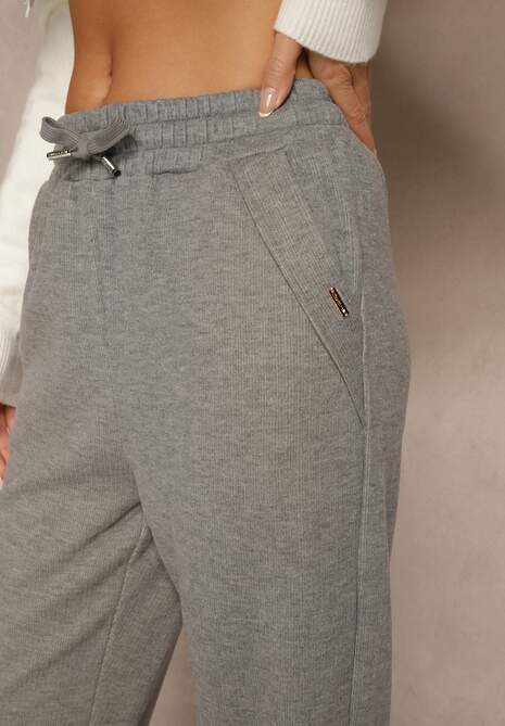 Jasnoszare Spodnie High Waist z Gumką i Troczkami w Pasie Rallena 5