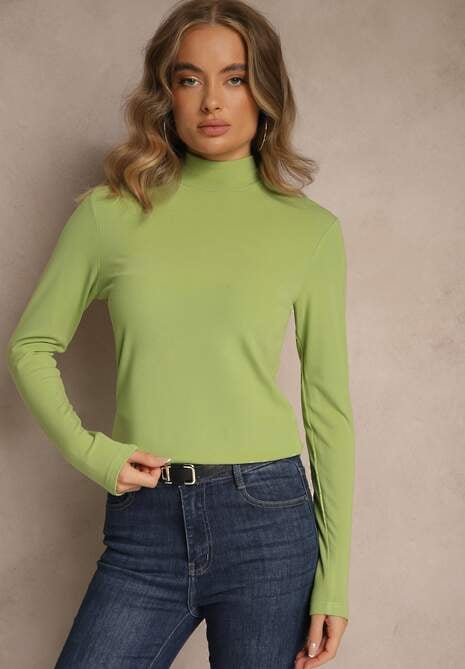Zielona Casualowa Bluzka z Golfem Longsleeve Ralaia