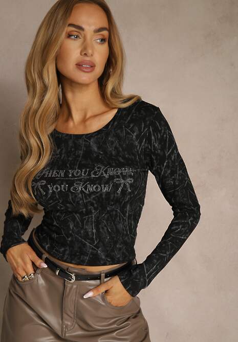 Czarna Bluzka Longsleeve Ozdobiona Geometrycznym Motywem Uninessa