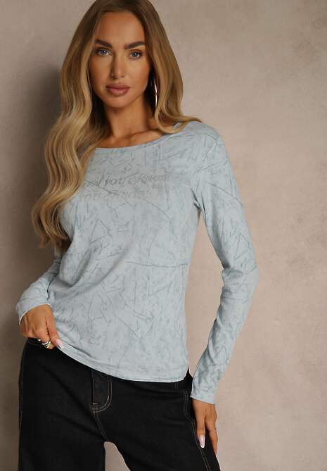 Niebieska Bluzka Longsleeve Ozdobiona Geometrycznym Motywem Uninessa
