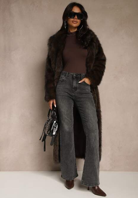 Czarne Jeansy Dzwony High Waist z Dodatkiem Wiskozy Unenaia