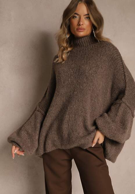Jasnobrązowy Golf Oversize z Wełną z Opadającą Linią Ramion Lilirea 4