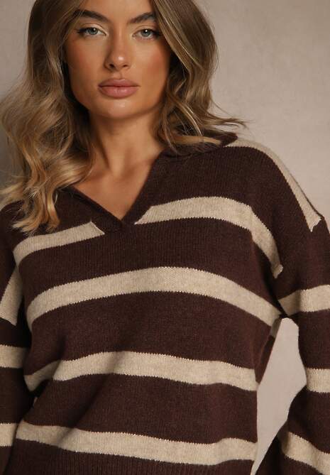 Brązowy Sweter z Wełną Zdobiony Kołnierzykiem i Wzorem w Paski Tevila 5