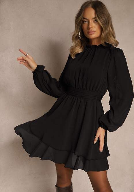 Czarna Sukienka z Siateczki o Rozkloszowanym Kroju z Bufiastymi Rękawami Aziva 4