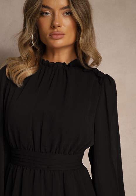 Czarna Sukienka z Siateczki o Rozkloszowanym Kroju z Bufiastymi Rękawami Aziva 5