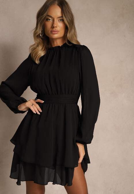 Czarna Sukienka z Siateczki o Rozkloszowanym Kroju z Bufiastymi Rękawami Aziva