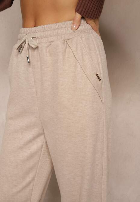 Beżowe Spodnie High Waist z Gumką i Troczkami w Pasie Rallena 5