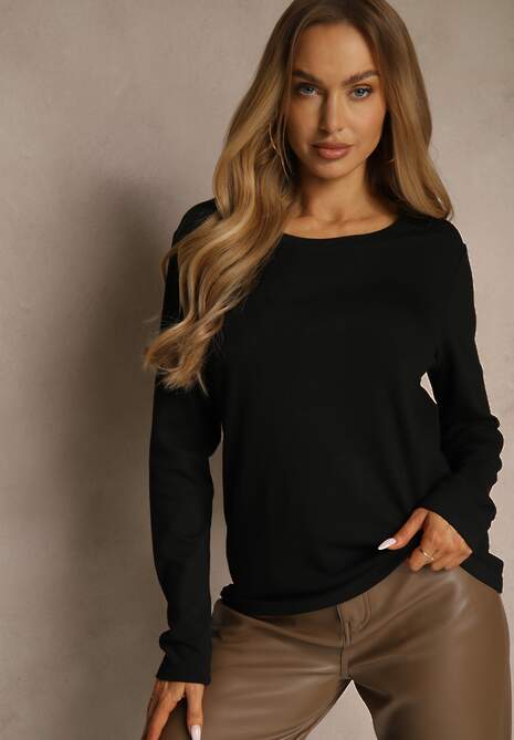 Czarna Casualowa Bluzka Longsleeve z Okrągłym Dekoltem Unaladesa 4