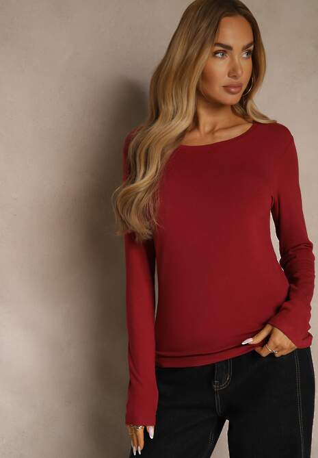 Bordowa Casualowa Bluzka Longsleeve z Okrągłym Dekoltem Unaladesa 4