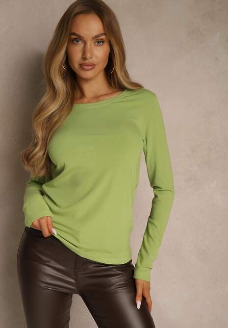 Zielona Casualowa Bluzka Longsleeve z Okrągłym Dekoltem Unaladesa
