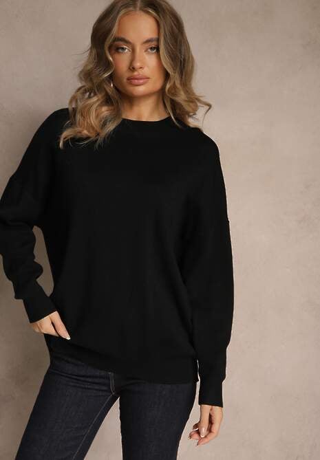 Czarny Nietoperzowy Sweter w Minimalistycznym Stylu Raliava
