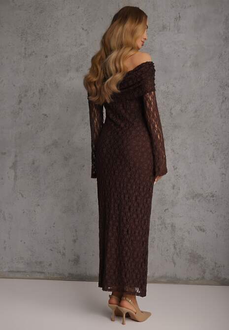 Brązowa Koronkowa Sukienka Koktajlowa z Odkrytymi Ramionami Eperria 4