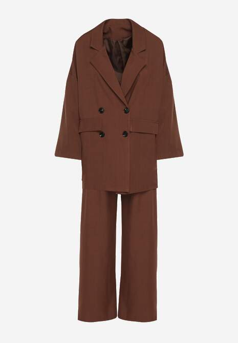 Brązowy Komplet Garniturowy Oversize Marynarka Dwurzędowa i Spodnie Wide Leg Tevilna 6