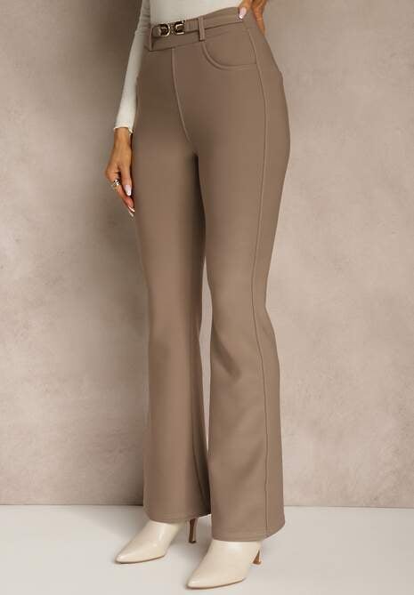 Beżowe Spodnie Dzwony High Waist w Eleganckim Stylu ze Sprzączką Tevanda 4
