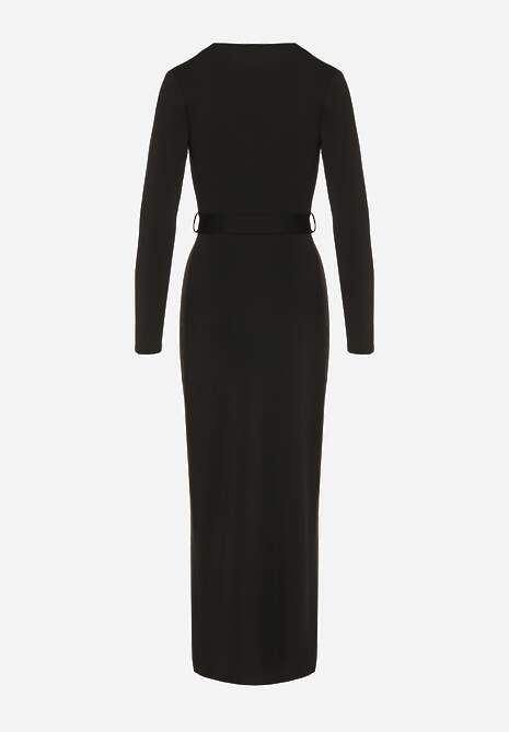 Czarna Sukienka z Wiskozą o Kopertowym Kroju z Rozcięciem i Wiązanym Paskiem Tesela 7