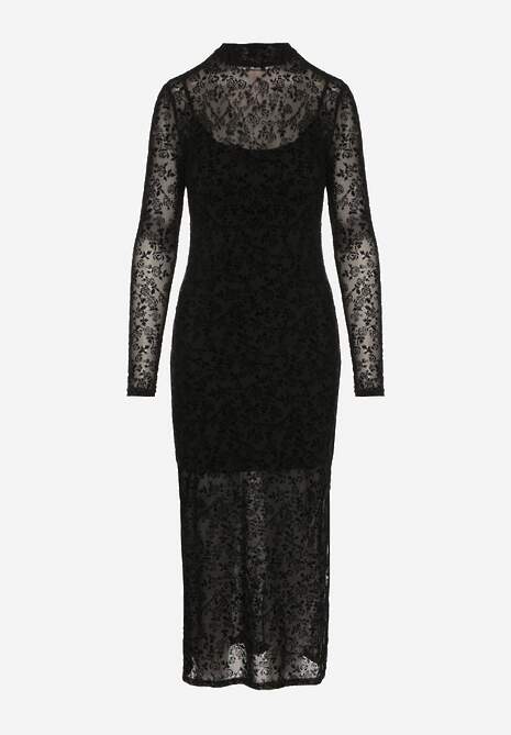 Czarna Koktajlowa Sukienka z Wiskozą w Welurowe Kwiaty Amette 6