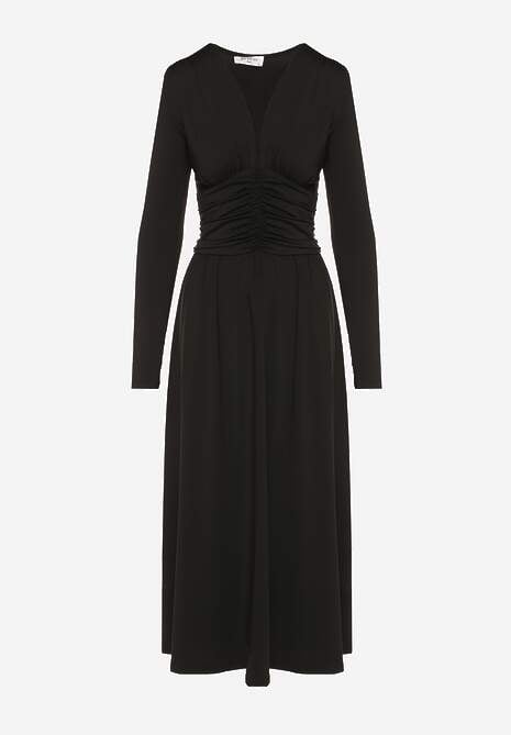 Czarna Taliowana Sukienka Longsleeve z Wiskozą z Marszczeniem i Dekoltem V Elirie 6