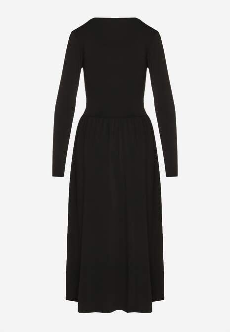 Czarna Taliowana Sukienka Longsleeve z Wiskozą z Marszczeniem i Dekoltem V Elirie 7