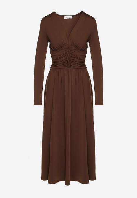 Brązowa Taliowana Sukienka Longsleeve z Wiskozą z Marszczeniem i Dekoltem V Elirie 6