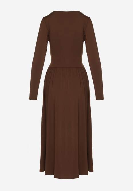 Brązowa Taliowana Sukienka Longsleeve z Wiskozą z Marszczeniem i Dekoltem V Elirie 7