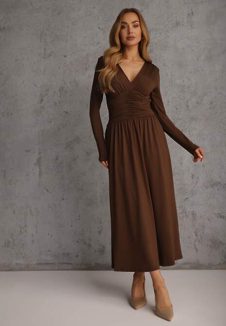 Brązowa Taliowana Sukienka Longsleeve z Wiskozą z Marszczeniem i Dekoltem V Elirie