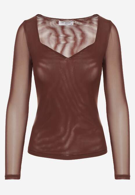 Brązowa Bluzka Longsleeve z Siateczki z Wiskozą z Dekoltem w Serce Elinevia 6