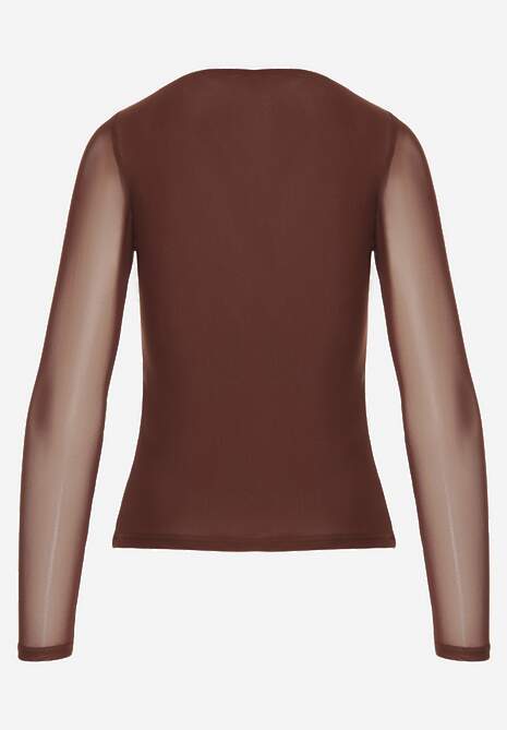 Brązowa Bluzka Longsleeve z Siateczki z Wiskozą z Dekoltem w Serce Elinevia 7