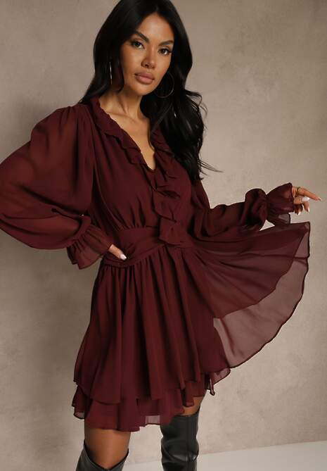 Bordowa Siateczkowa Sukienka o Rozkloszowanym Fasonie z Falbankami Zenniria 4