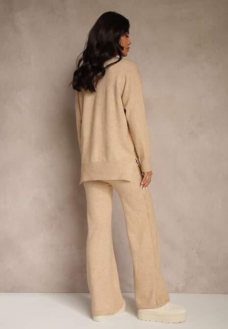 Beżowy Dzianinowy Komplet z Wełną w Warkoczowy Splot Spodnie i Sweter Reinette 4