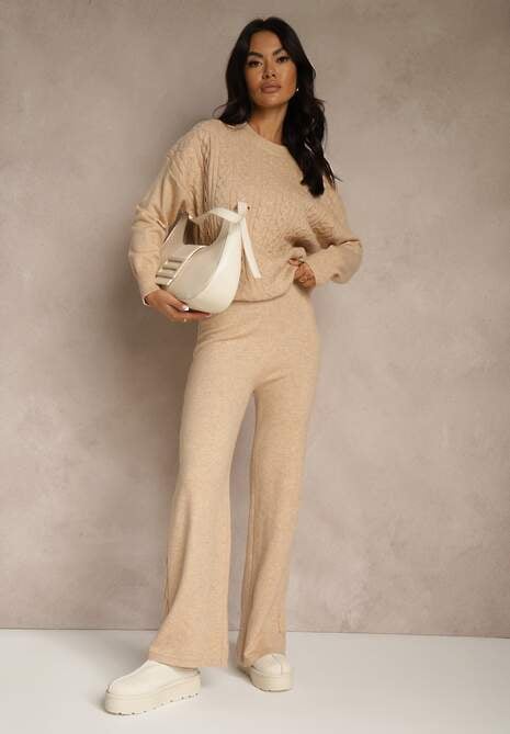 Beżowy Dzianinowy Komplet z Wełną w Warkoczowy Splot Spodnie i Sweter Reinette