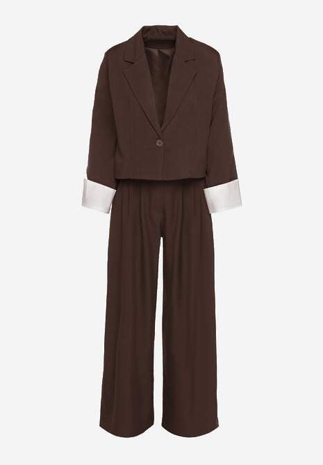 Ciemnobrązowy Garniturowy Komplet Marynarka i Spodnie z Kontrastującymi Zdobieniami Davirielle 6