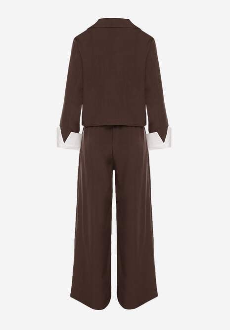 Ciemnobrązowy Garniturowy Komplet Marynarka i Spodnie z Kontrastującymi Zdobieniami Davirielle 7