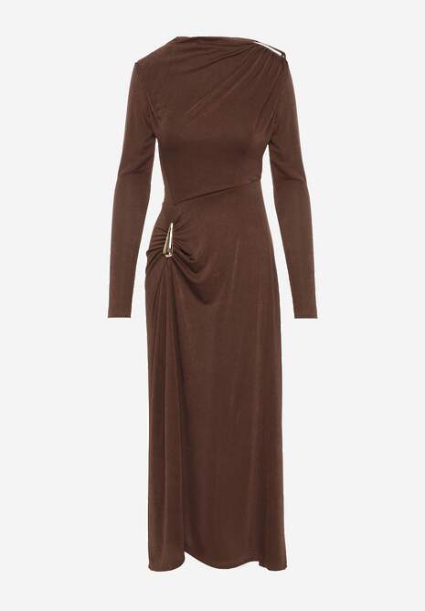Brązowa Sukienka Koktajlowa z Marszczeniem i Metaliczną Ozdobą Retanda 6