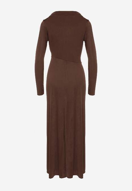 Brązowa Sukienka Koktajlowa z Marszczeniem i Metaliczną Ozdobą Retanda 7