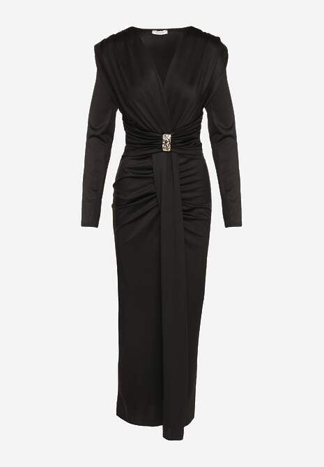 Czarna Koktajlowa Sukienka z Rozcięciem na Nogę Zdobiona Trenem Atirga 6