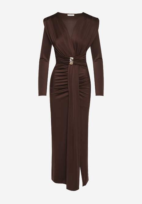Brązowa Koktajlowa Sukienka z Rozcięciem na Nogę Zdobiona Trenem Atirga 6