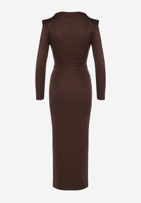Brązowa Koktajlowa Sukienka z Rozcięciem na Nogę Zdobiona Trenem Atirga 7