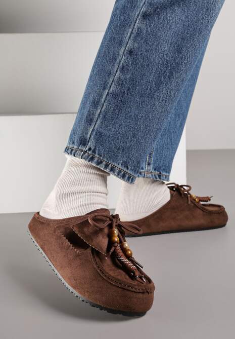 Bordowe Klapki Boat Shoes z Imitacji Zamszu z Kokardą i Koralikami Lodlia