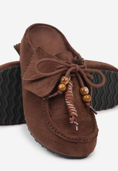 Bordowe Klapki Boat Shoes z Imitacji Zamszu z Kokardą i Koralikami Lodlia 6
