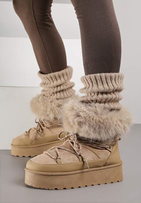 Ciemnobeżowe Śniegowce na Platformie Ozdobione Futerkiem Teswena 4