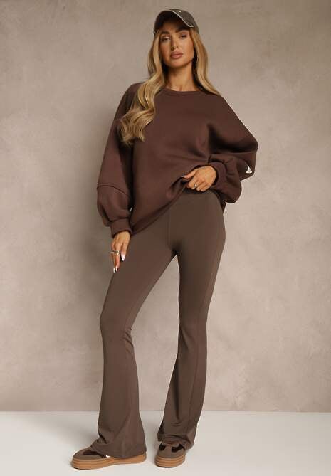 Brązowe Spodnie High Waist z Elastycznego Materiału z Gumką w Talii Dorra