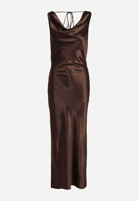 Brązowa Satynowa Wiskozowa Sukienka Koktajlowa z Bawełną Deleisana 6