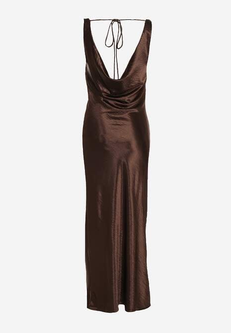 Brązowa Satynowa Wiskozowa Sukienka Koktajlowa z Bawełną Deleisana 7