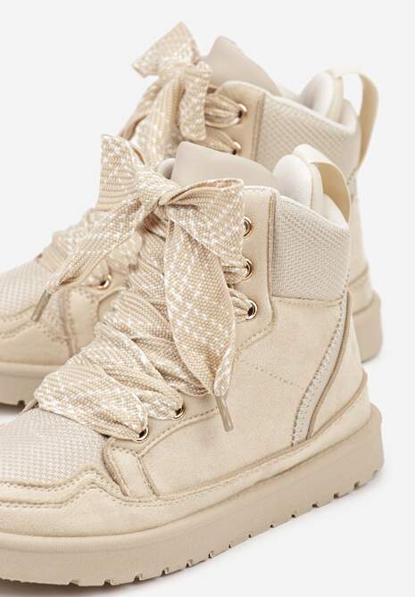 Beżowe Sneakersy Ozdobione Sznurówkami w Geometryczny Wzór Avoslia 7