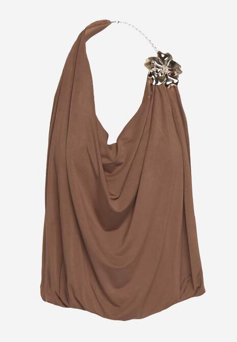 Brązowy Marszczony Top Halter z Łańcuszkiem i Kwiatem Przy Dekolcie Idivanna 6